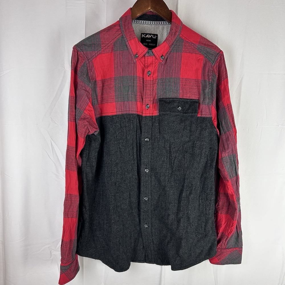 KAVU Mens Medium Long Sleeve Button Up Flannel Shirt Red Plaid South Fork Hiking